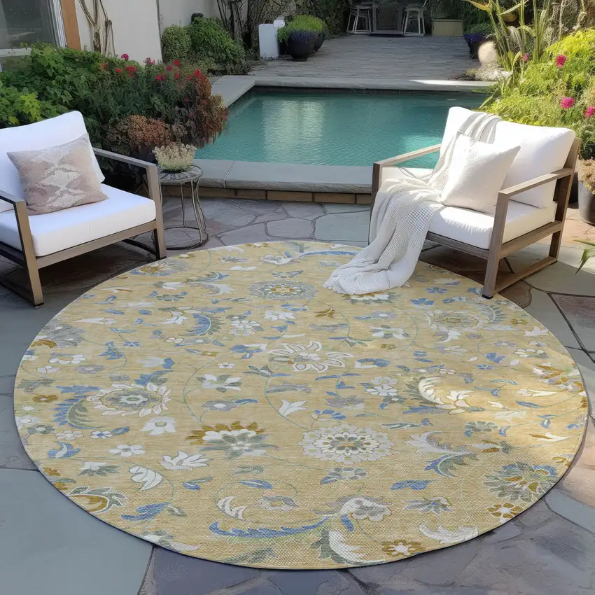 8' Wheat Blue And Ivory Round Floral Washable Indoor Outdoor Area Rug Photo 7