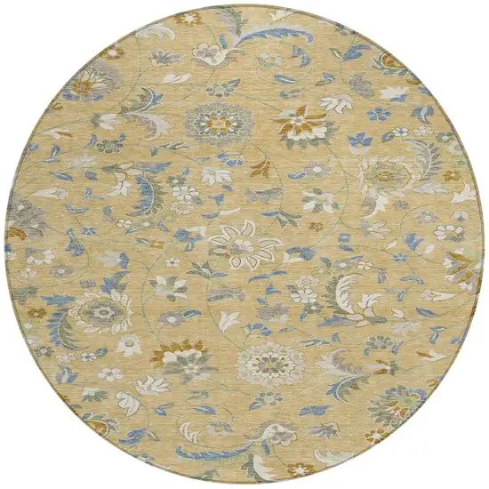 8' Wheat Blue And Ivory Round Floral Washable Indoor Outdoor Area Rug Photo 6