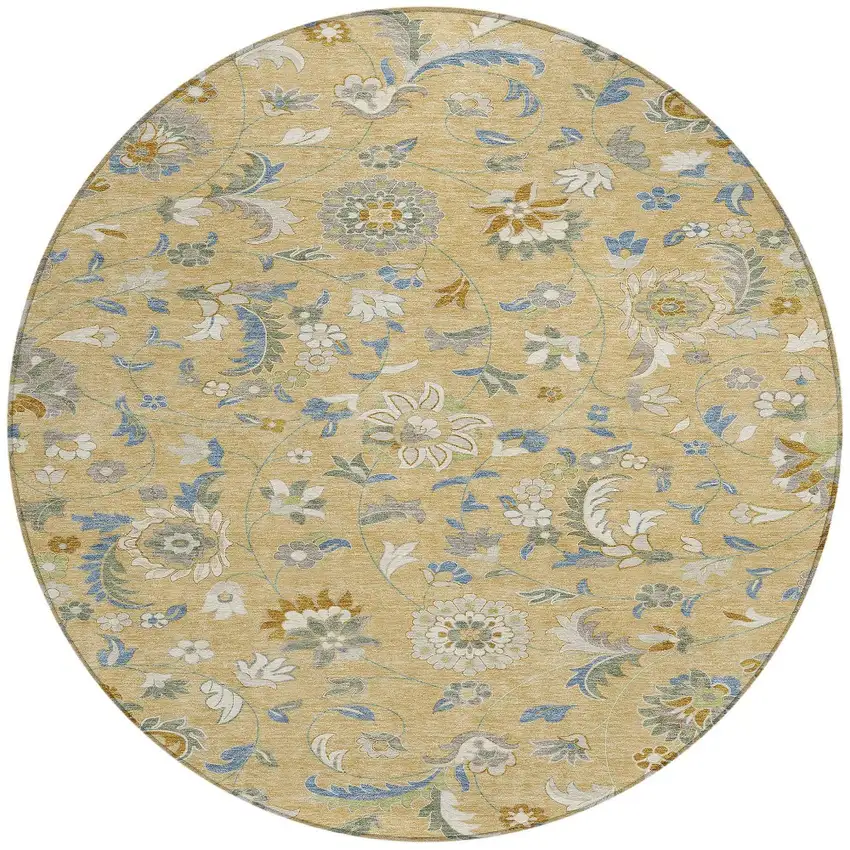 8' Wheat Blue And Ivory Round Floral Washable Indoor Outdoor Area Rug Photo 6
