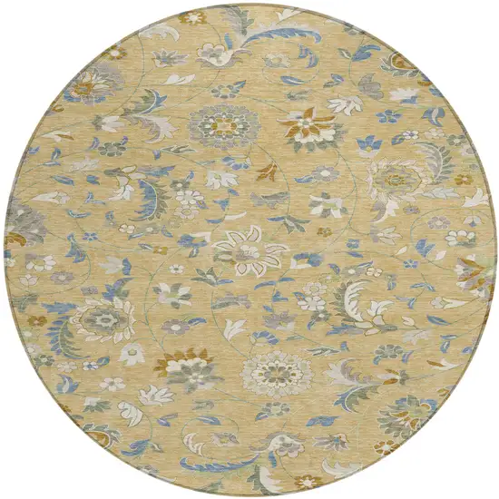 8' Wheat Blue And Ivory Round Floral Washable Indoor Outdoor Area Rug Photo 2