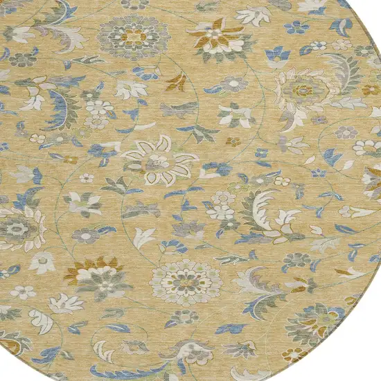 8' Wheat Blue And Ivory Round Floral Washable Indoor Outdoor Area Rug Photo 5