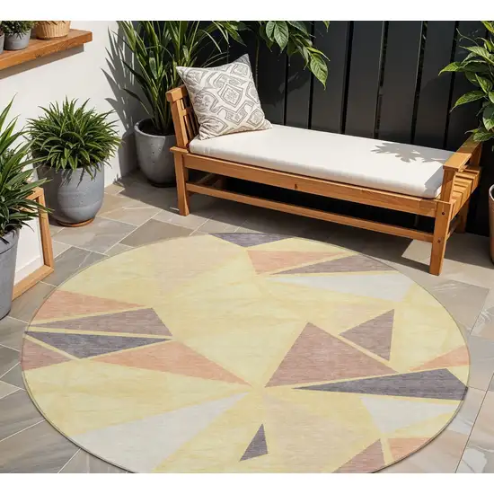 8' Wheat Brown And Gray Round Geometric Washable Indoor Outdoor Area Rug Photo 1