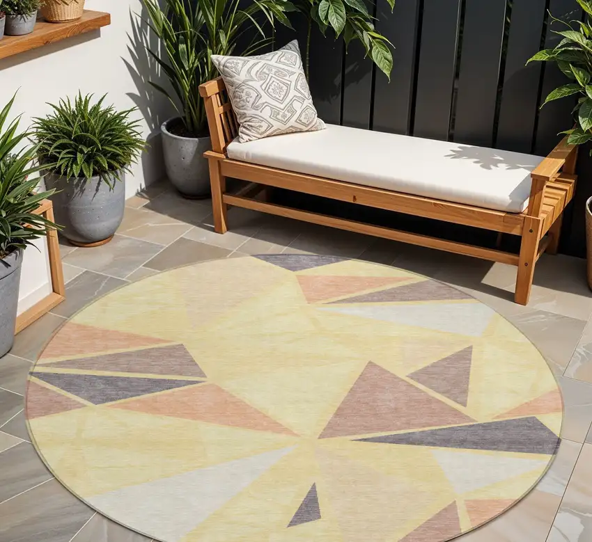 8' Wheat Brown And Gray Round Geometric Washable Indoor Outdoor Area Rug Photo 1