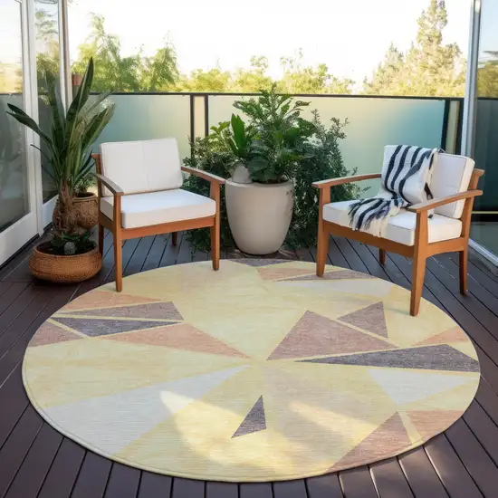 8' Wheat Brown And Gray Round Geometric Washable Indoor Outdoor Area Rug Photo 6