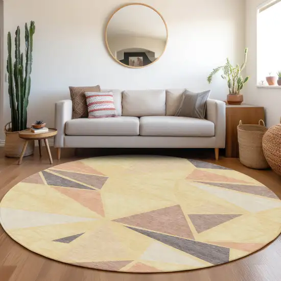 8' Wheat Brown And Gray Round Geometric Washable Indoor Outdoor Area Rug Photo 7