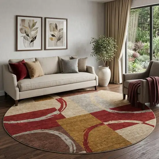 8' Wheat Burgundy And Gray Geometric Washable Round Rug With UV Protection Photo 1