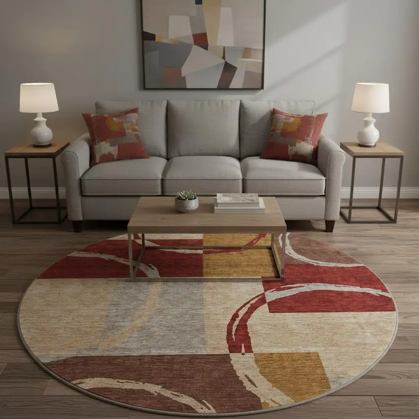 8' Wheat Burgundy And Gray Geometric Washable Round Rug With UV Protection Photo 2