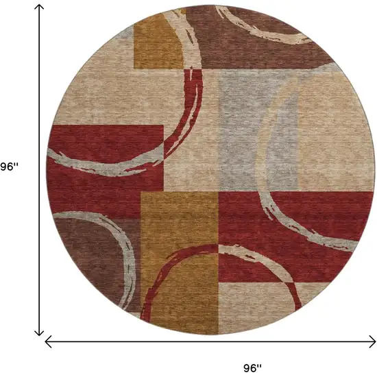 8' Wheat Burgundy And Gray Geometric Washable Round Rug With UV Protection Photo 9