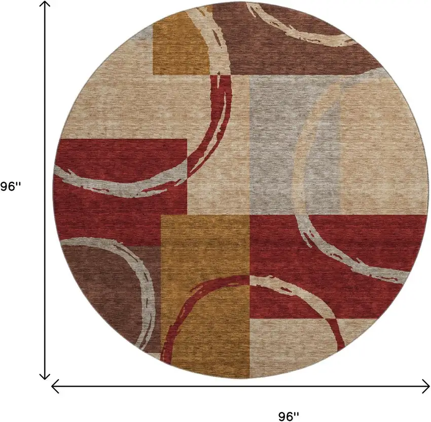 8' Wheat Burgundy And Gray Geometric Washable Round Rug With UV Protection Photo 9