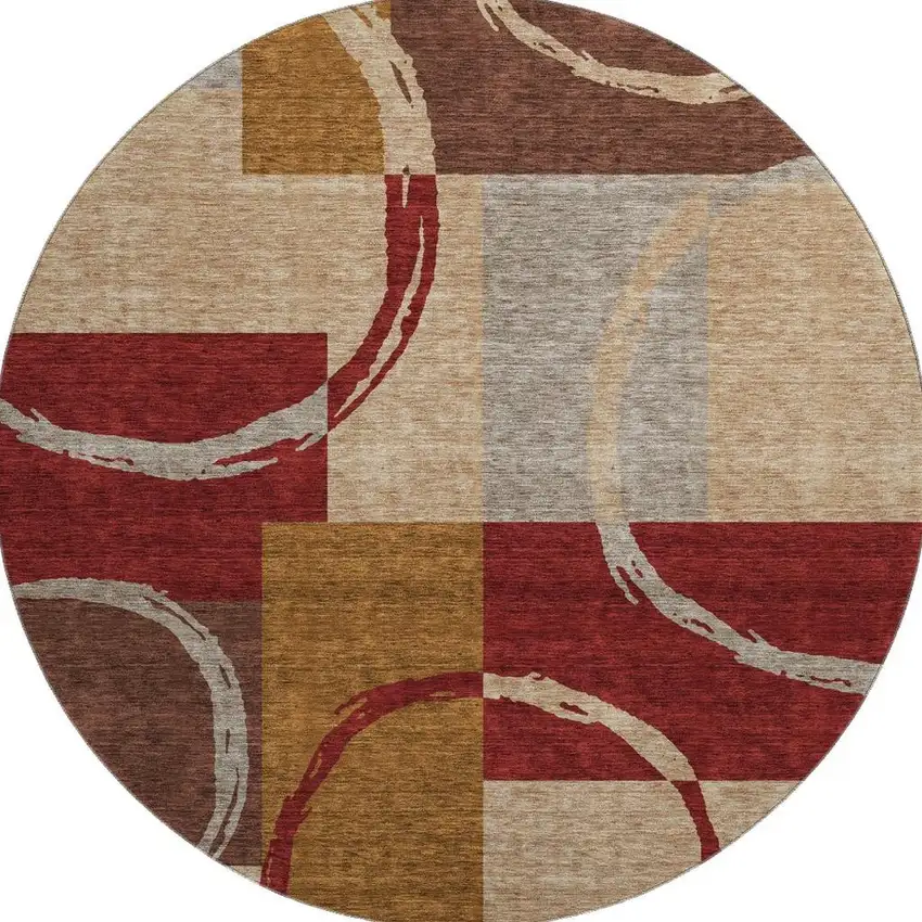 8' Wheat Burgundy And Gray Geometric Washable Round Rug With UV Protection Photo 3