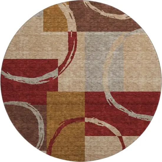8' Wheat Burgundy And Gray Geometric Washable Round Rug With UV Protection Photo 1