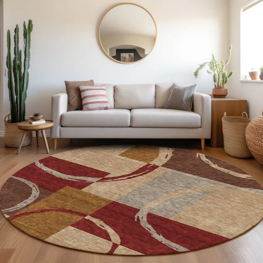 8' Wheat Burgundy And Gray Geometric Washable Round Rug With UV Protection Photo 4