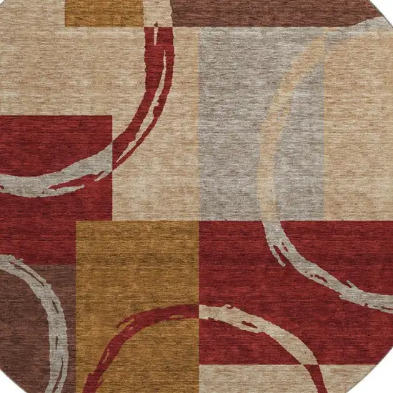 8' Wheat Burgundy And Gray Geometric Washable Round Rug With UV Protection Photo 2