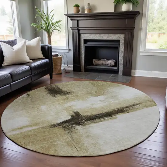 8' Wheat Charcoal And Ivory Abstract Washable Round Rug With UV Protection Photo 4