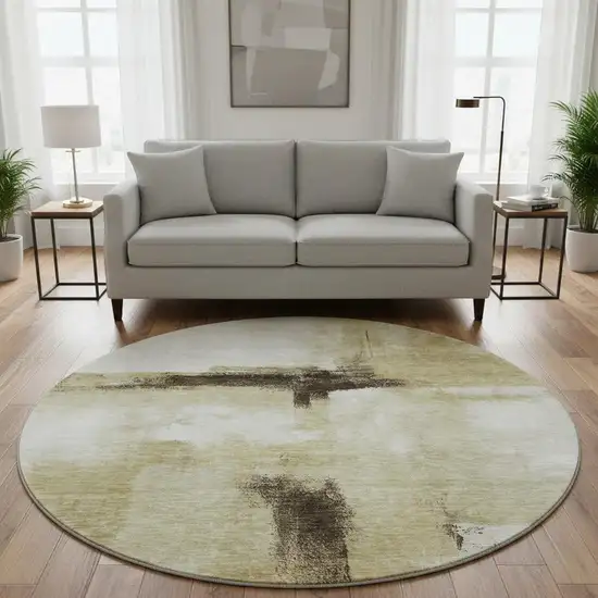 8' Wheat Charcoal And Ivory Abstract Washable Round Rug With UV Protection Photo 2