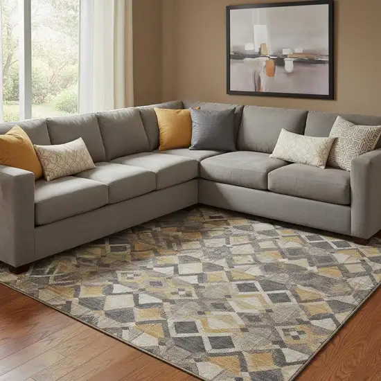 8' Wheat Charcoal And Ivory Geometric Washable Area Rug With UV Protection Photo 2