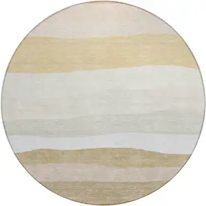Photo of 8' Wheat Gold And Beige Round Striped Washable Indoor Outdoor Area Rug