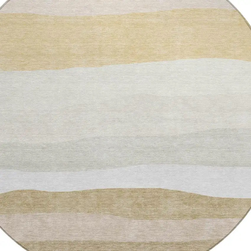 8' Wheat Gold And Beige Round Striped Washable Indoor Outdoor Area Rug Photo 9
