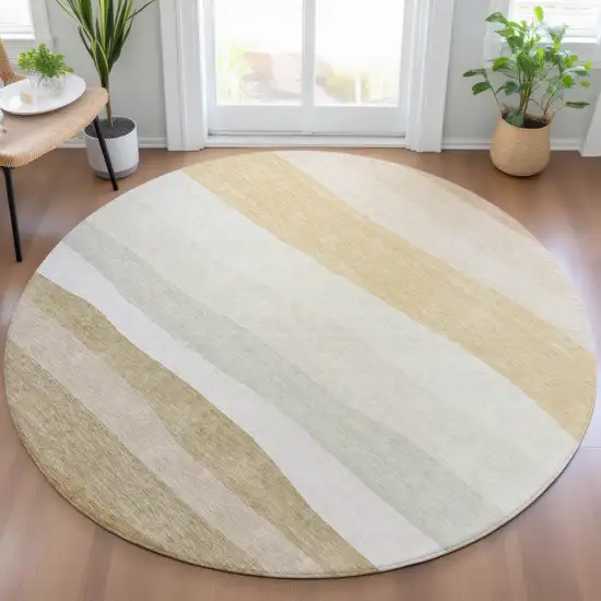 8' Wheat Gold And Beige Round Striped Washable Indoor Outdoor Area Rug Photo 6