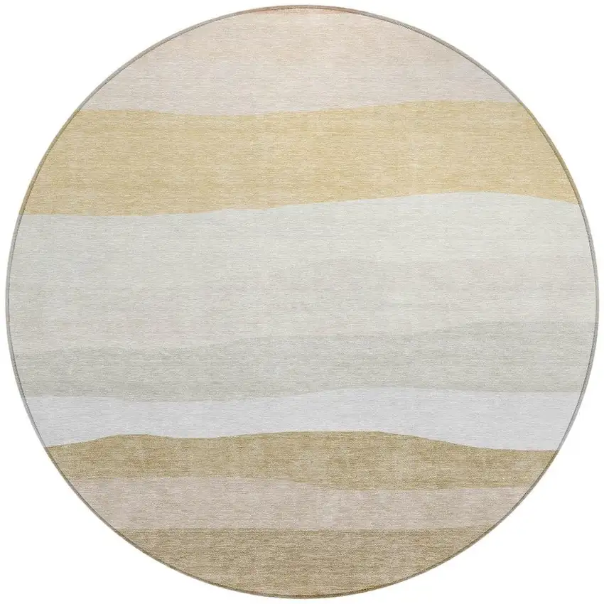 8' Wheat Gold And Beige Round Striped Washable Indoor Outdoor Area Rug Photo 3