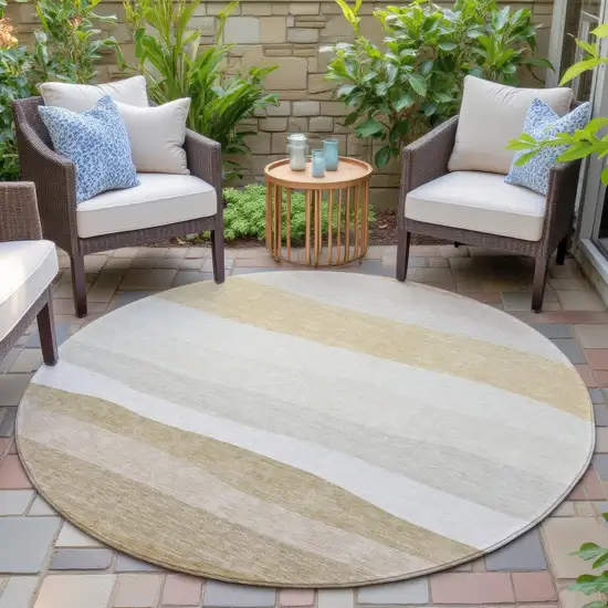 8' Wheat Gold And Beige Round Striped Washable Indoor Outdoor Area Rug Photo 7