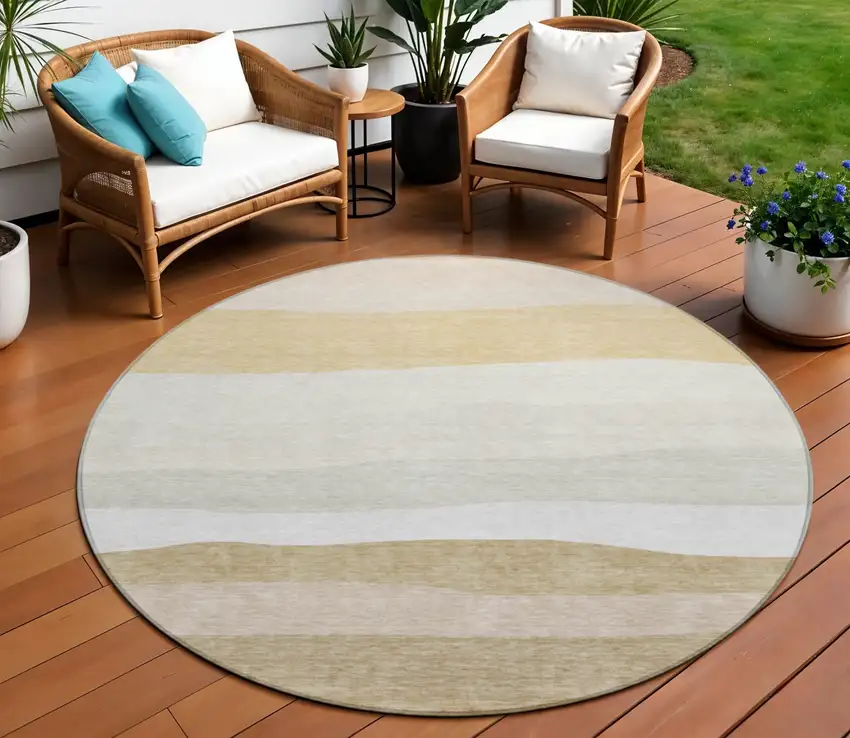 8' Wheat Gold And Beige Round Striped Washable Indoor Outdoor Area Rug Photo 2
