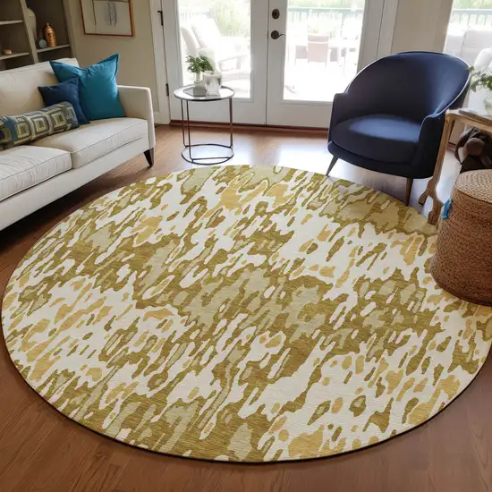 8' Wheat Gold And Beige Round Striped Washable Indoor Outdoor Area Rug Photo 8