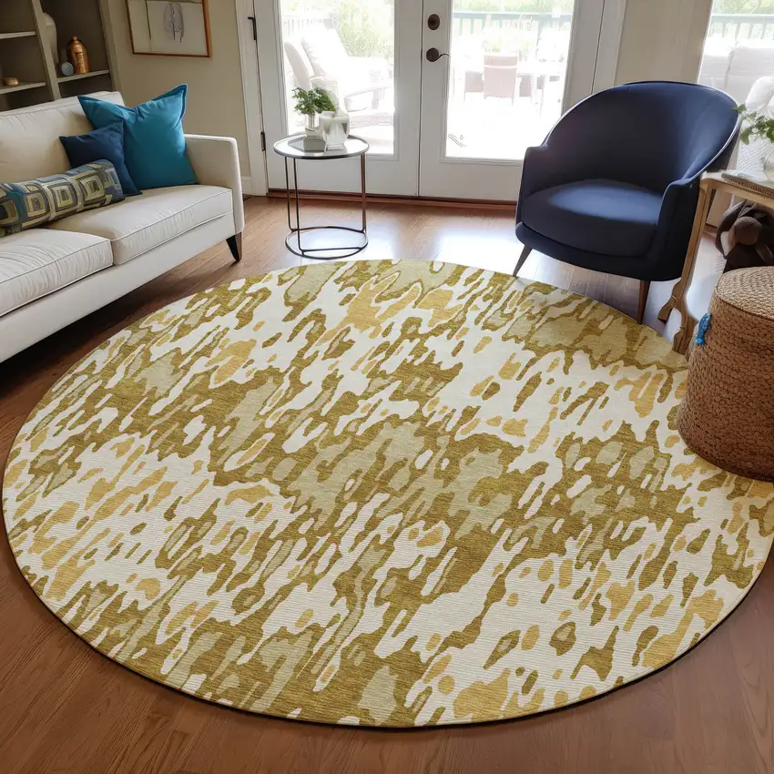 8' Wheat Gold And Beige Round Striped Washable Indoor Outdoor Area Rug Photo 8