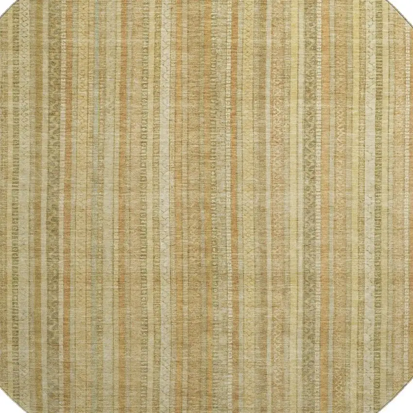 8' Wheat Gold And Beige Striped Washable Round Rug With UV Protection Photo 2