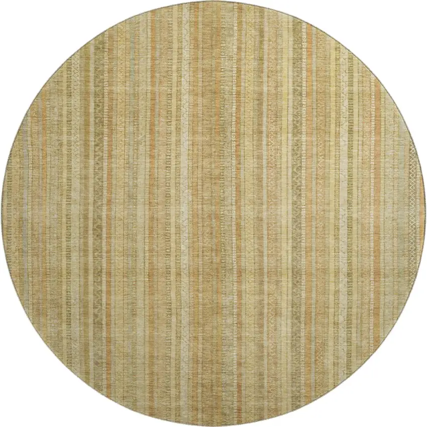 8' Wheat Gold And Beige Striped Washable Round Rug With UV Protection Photo 1
