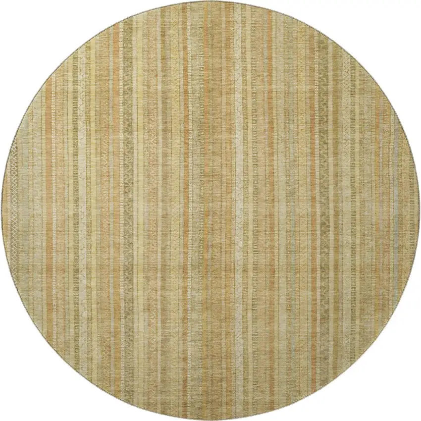 8' Wheat Gold And Beige Striped Washable Round Rug With UV Protection Photo 3