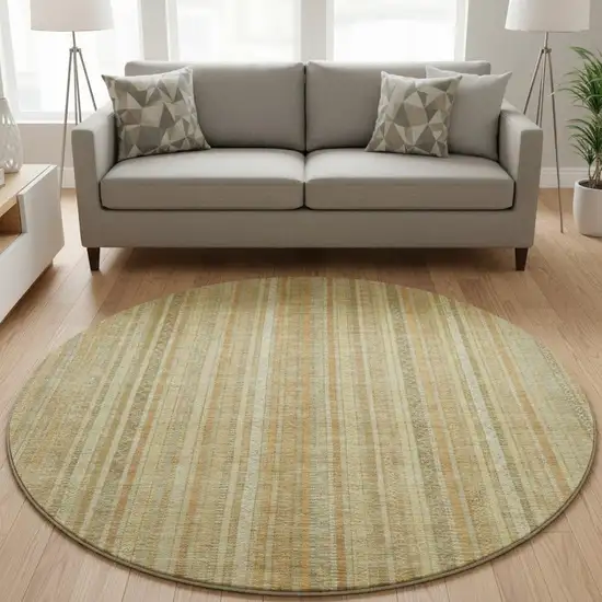 8' Wheat Gold And Beige Striped Washable Round Rug With UV Protection Photo 2