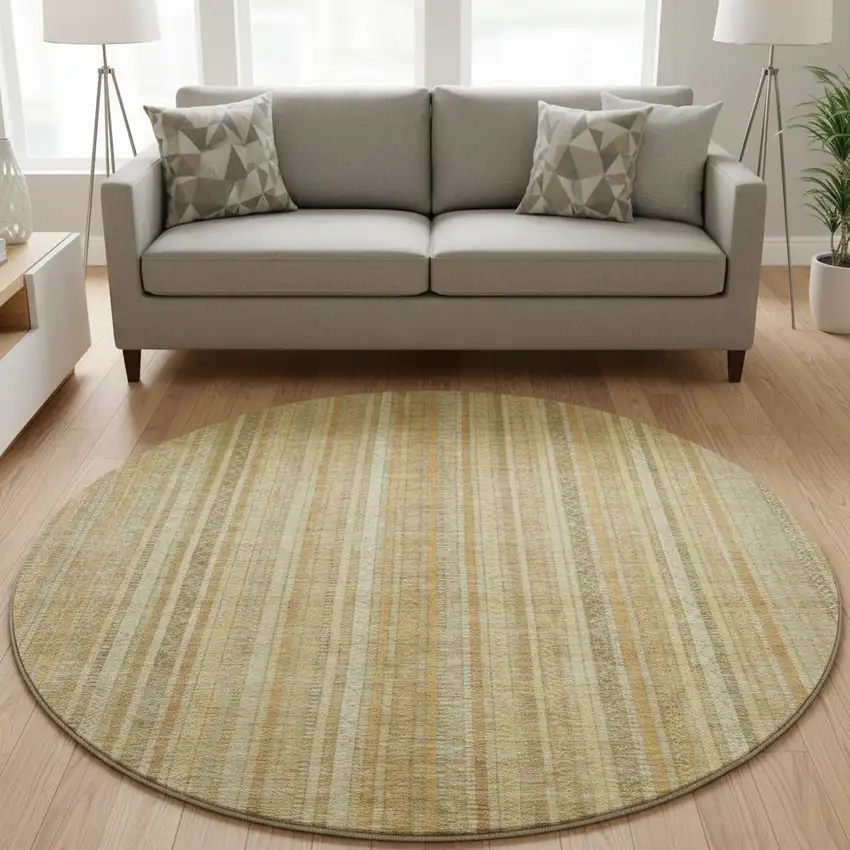 8' Wheat Gold And Beige Striped Washable Round Rug With UV Protection Photo 2