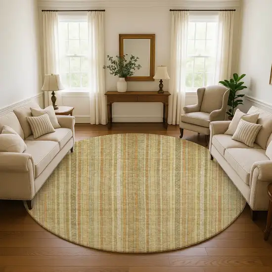 8' Wheat Gold And Beige Striped Washable Round Rug With UV Protection Photo 4