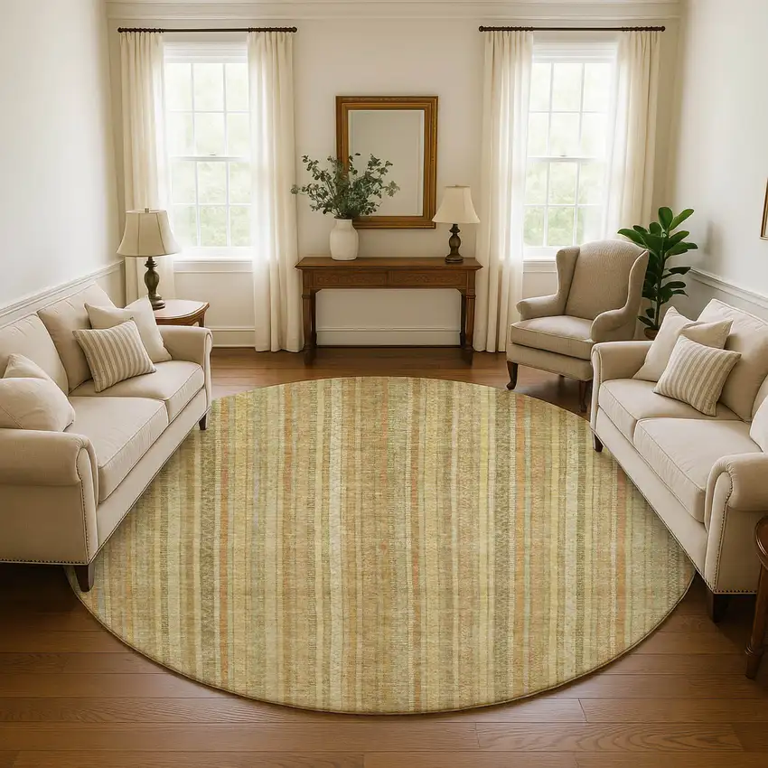 8' Wheat Gold And Beige Striped Washable Round Rug With UV Protection Photo 4