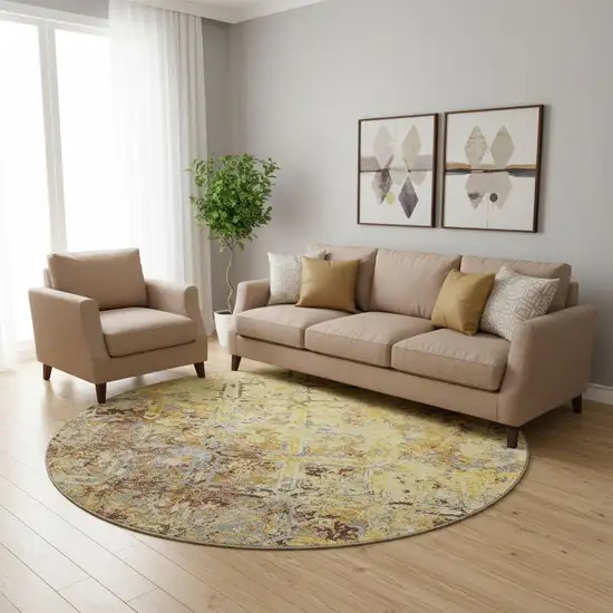 8' Wheat Gold And Gray Diamond Washable Round Rug With UV Protection Photo 1