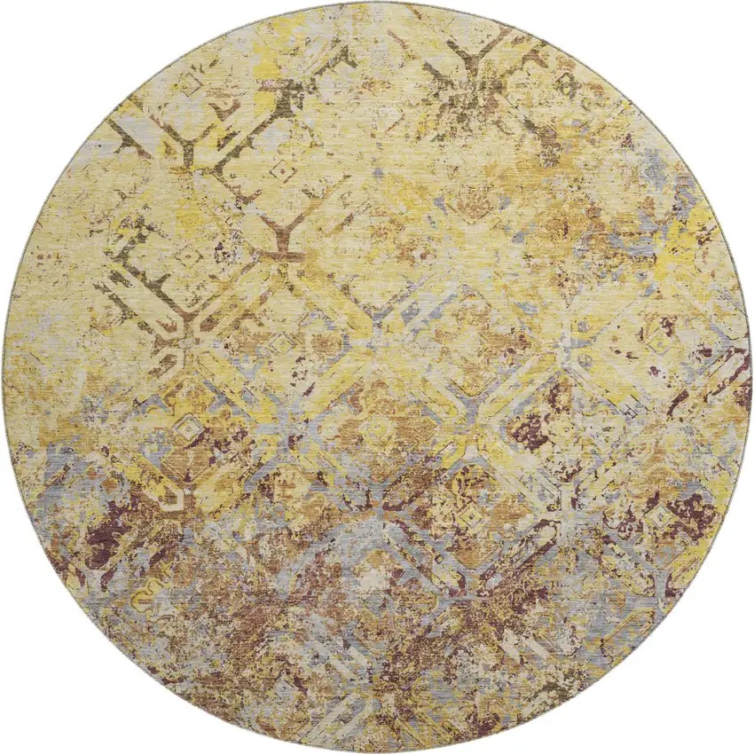 8' Wheat Gold And Gray Diamond Washable Round Rug With UV Protection Photo 1