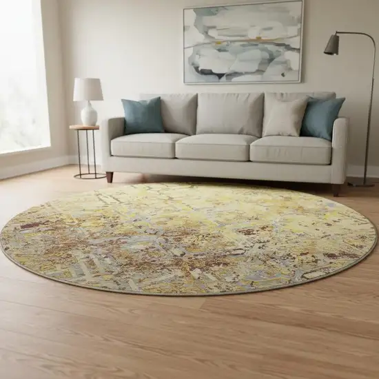 8' Wheat Gold And Gray Diamond Washable Round Rug With UV Protection Photo 2