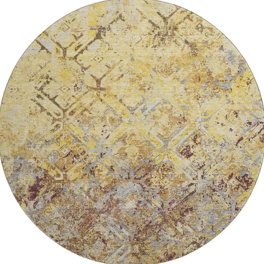 8' Wheat Gold And Gray Diamond Washable Round Rug With UV Protection Photo 4
