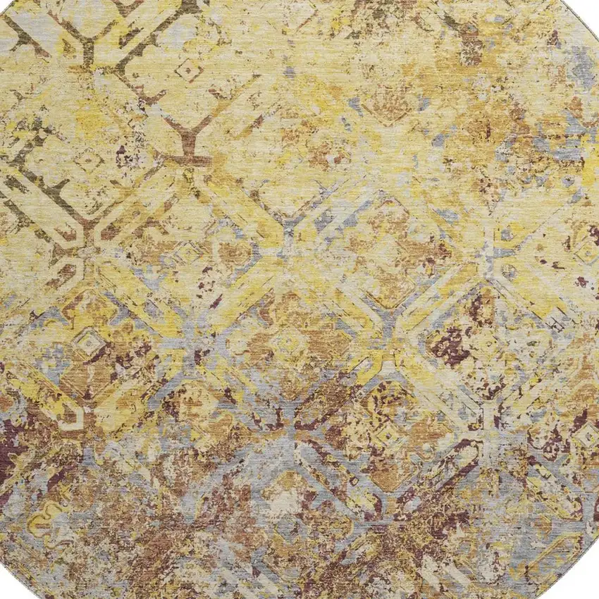 8' Wheat Gold And Gray Diamond Washable Round Rug With UV Protection Photo 3