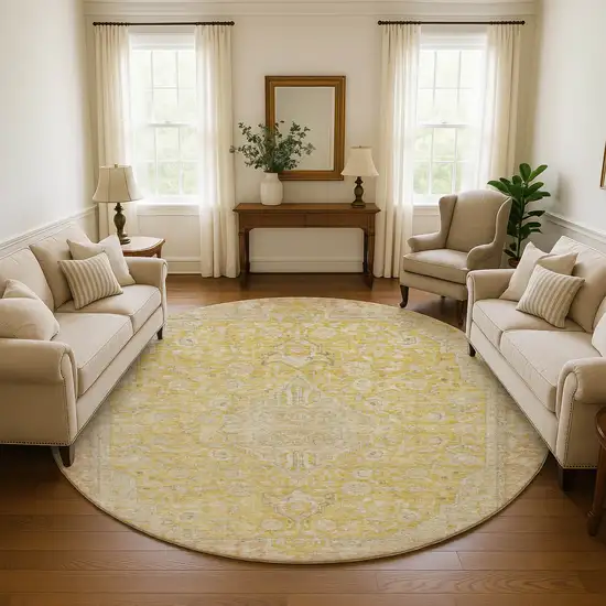 8' Wheat Gold And Gray Floral Medallion Washable Round Rug With UV Protection Photo 4