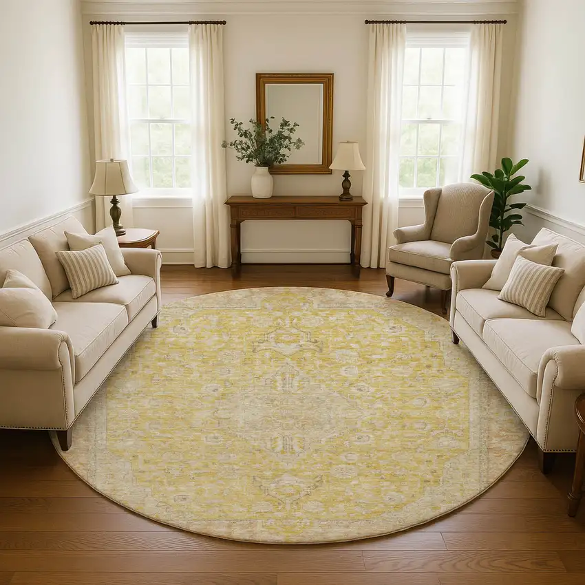 8' Wheat Gold And Gray Floral Medallion Washable Round Rug With UV Protection Photo 4