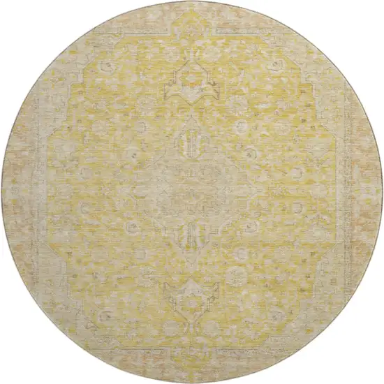 8' Wheat Gold And Gray Floral Medallion Washable Round Rug With UV Protection Photo 1