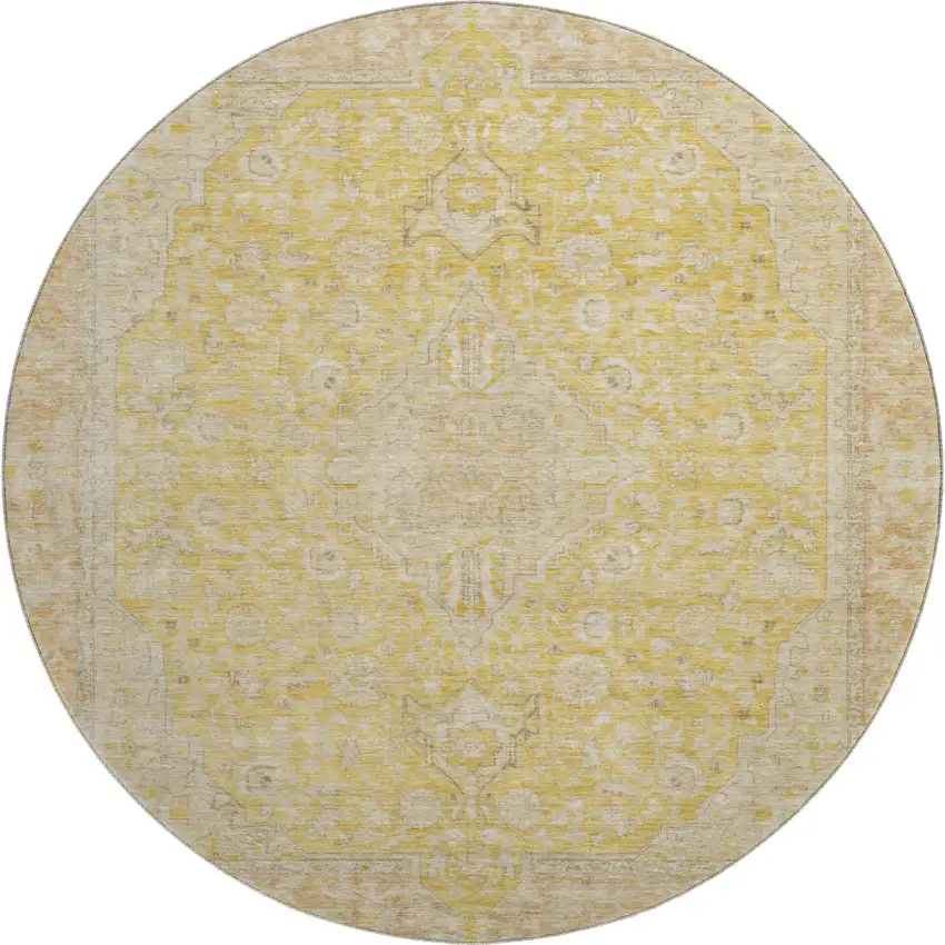 8' Wheat Gold And Gray Floral Medallion Washable Round Rug With UV Protection Photo 1