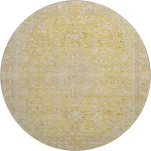 Photo of 8' Wheat Gold And Gray Floral Medallion Washable Round Rug With UV Protection