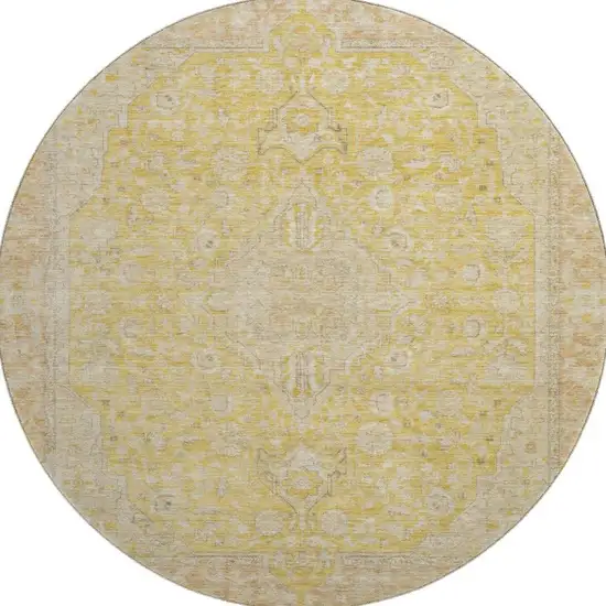 8' Wheat Gold And Gray Floral Medallion Washable Round Rug With UV Protection Photo 2