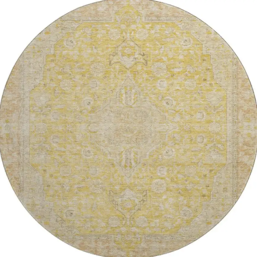 8' Wheat Gold And Gray Floral Medallion Washable Round Rug With UV Protection Photo 2