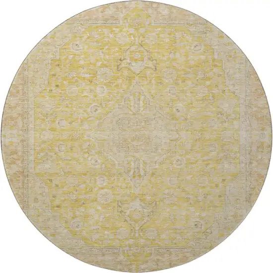 8' Wheat Gold And Gray Floral Medallion Washable Round Rug With UV Protection Photo 3