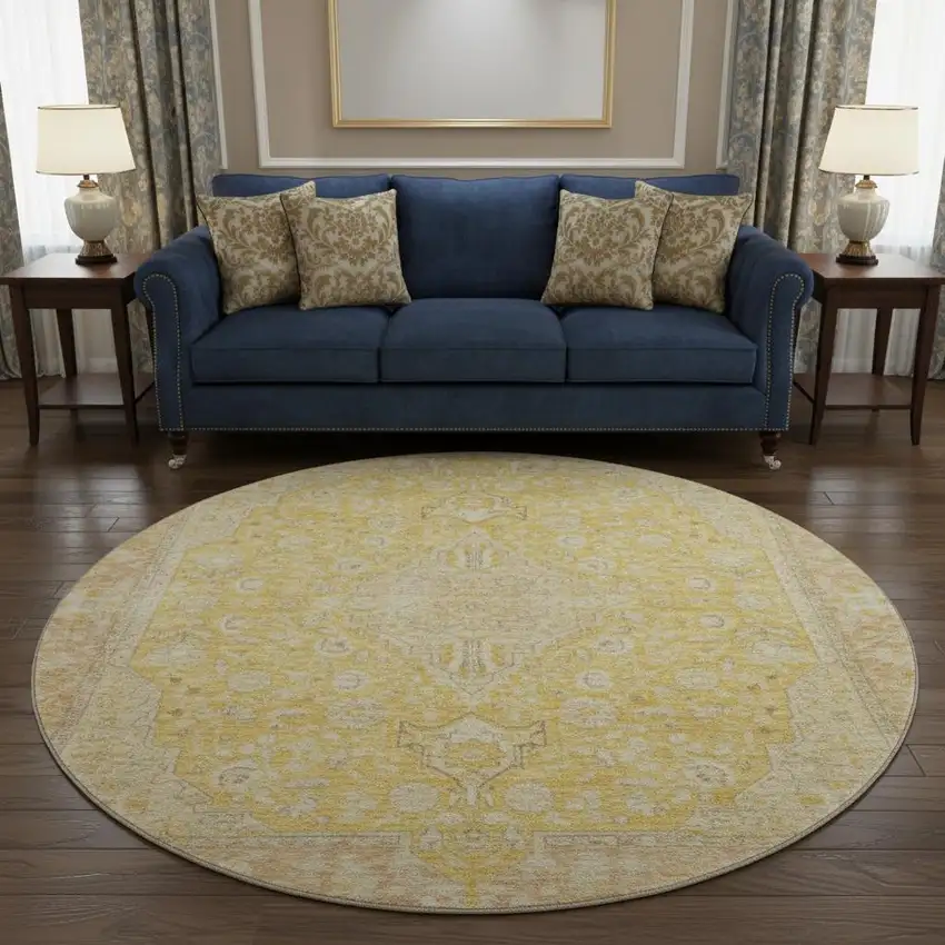 8' Wheat Gold And Gray Floral Medallion Washable Round Rug With UV Protection Photo 2