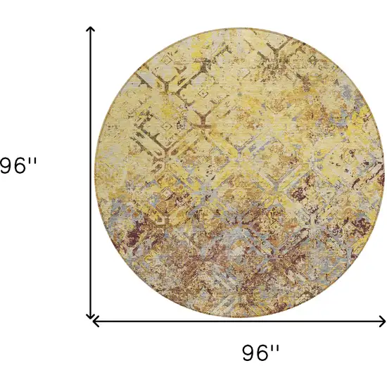 8' Wheat Gold And Gray Round Geometric Washable Indoor Outdoor Area Rug Photo 9
